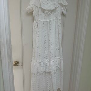 “Aqua” White Tiered Ruffled Maxi Sundress with Off the Shoulder Puff Sleeves